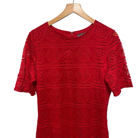 Sharagano Vibrant Red Lace Short Sleeve Midi Dress Size 6 - Picture 2 of 13